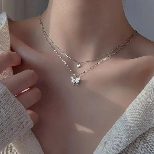 mon collier femme double pendentif papillon