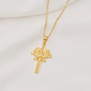 collier acier croix aigle doré